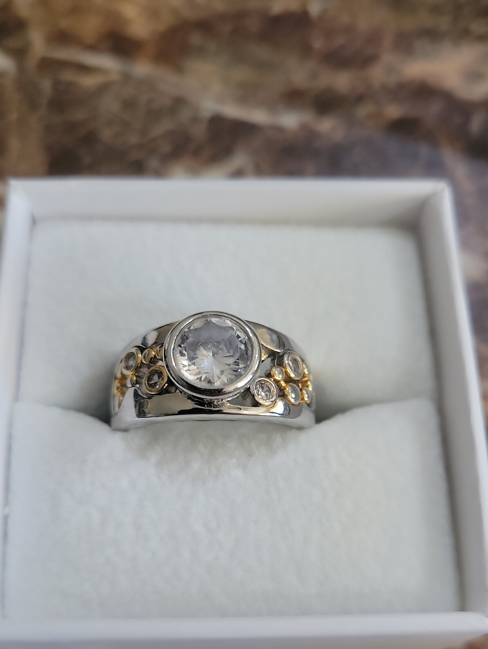 Sterling Silver Two-Tone CZ Statement Ring - Clear and Gold Accents